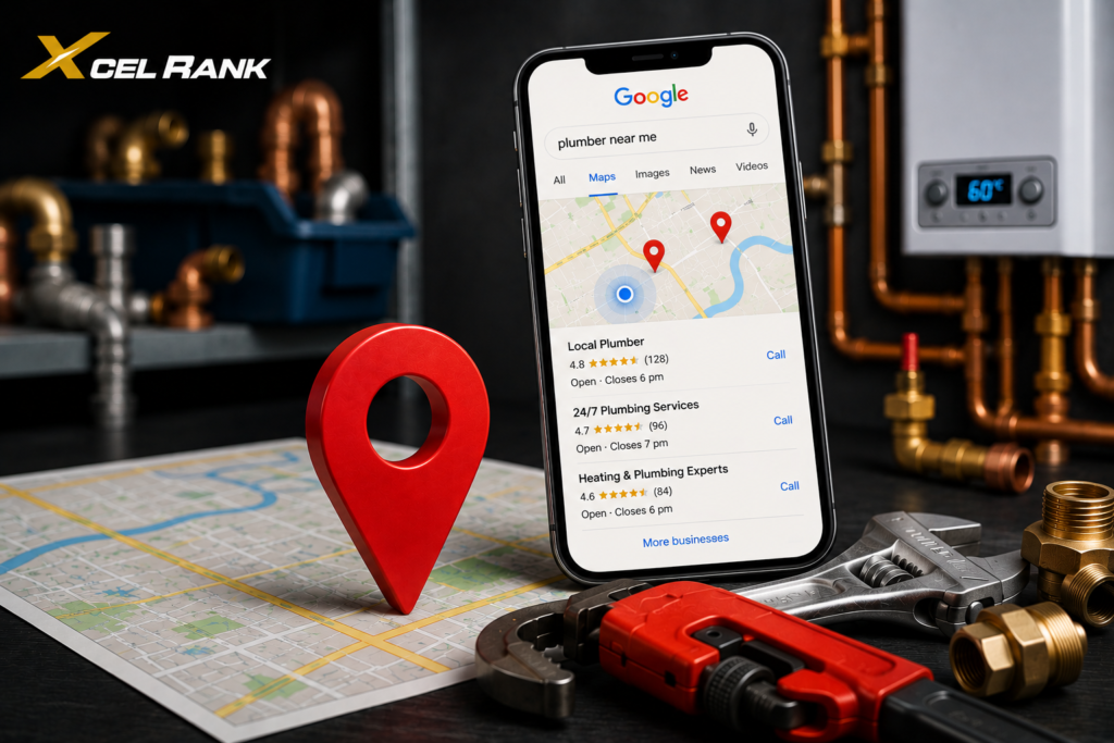 Xcel Rank graphic explaining why a plumbing business is not showing on Google Maps with local SEO and Google Business Profile optimisation tips.