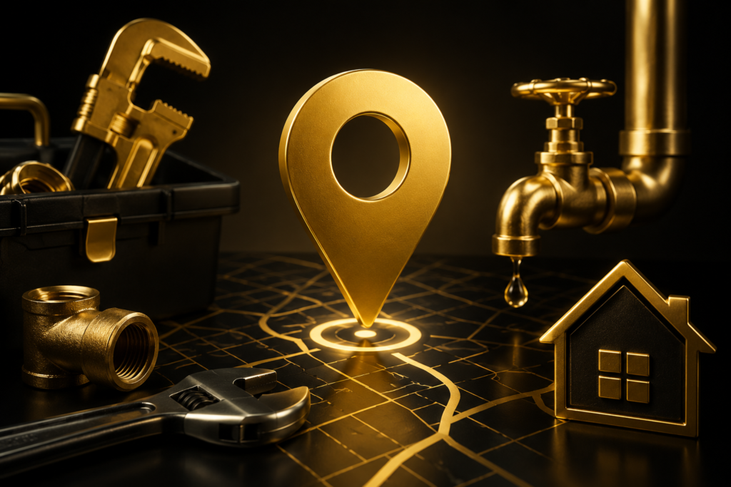Local SEO concept for UK plumbing businesses with golden map pin, plumbing tools, pipes, and home services icons on a black and gold background, symbolizing Google Maps rankings and local search visibility.