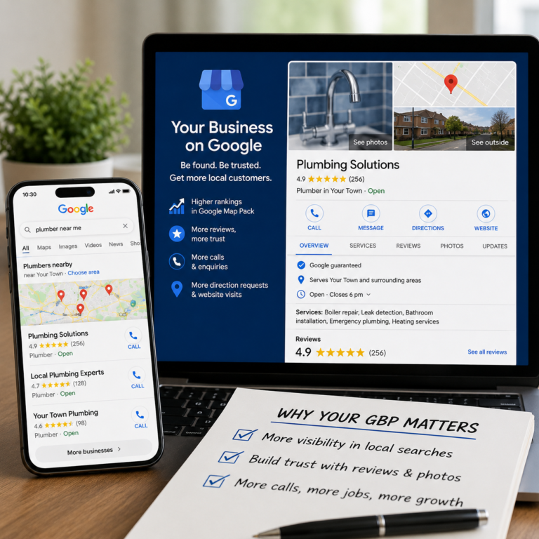 Google Business Profile optimisation concept for plumbing businesses, showing a laptop and smartphone displaying local Google search results, customer reviews, map listings, and business profile information. The image highlights increased local visibility, stronger customer trust, and higher lead generation through an optimised GBP listing.