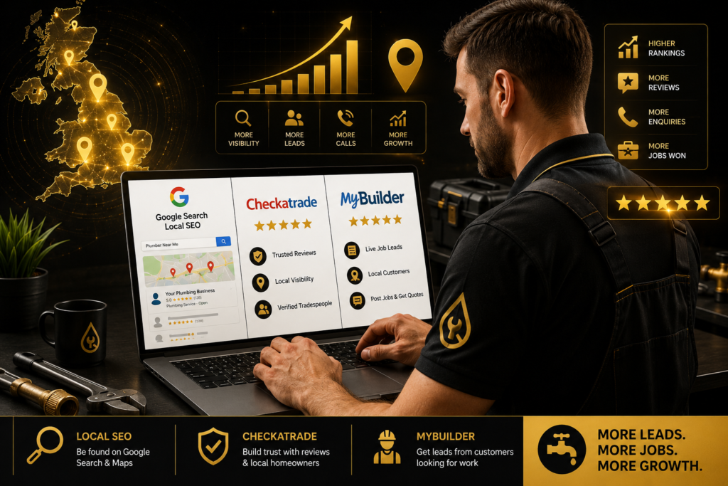 Professional plumber using a laptop to compare Local SEO, Checkatrade, and MyBuilder lead generation strategies for UK plumbing businesses, featuring Google Maps visibility, customer reviews, and online marketing growth in a black and gold themed workspace.