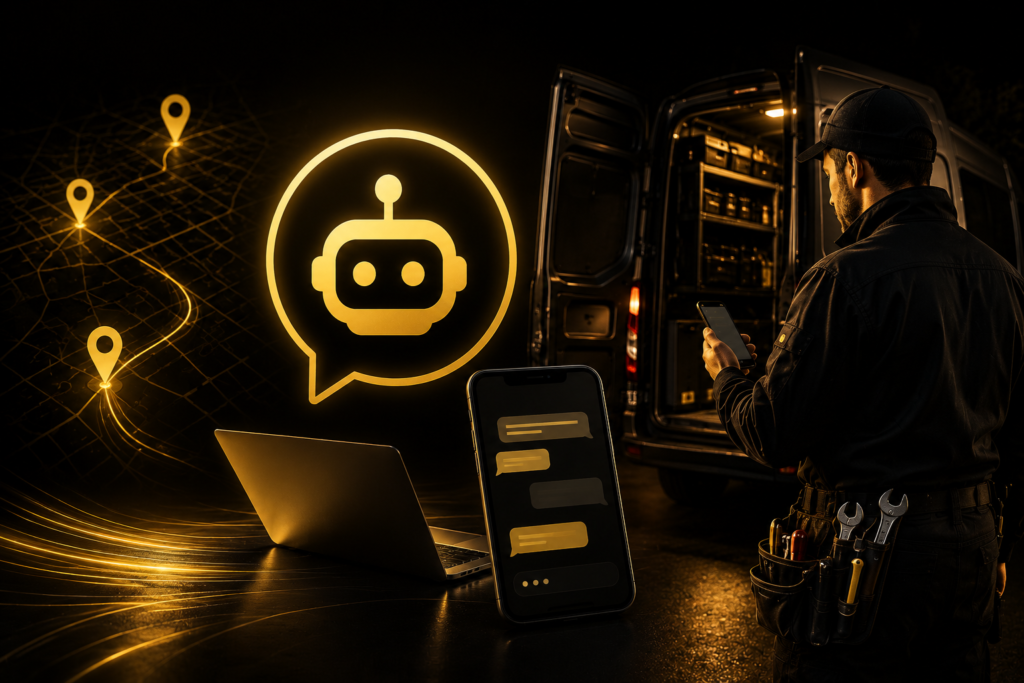 AI Chatbot for Plumbers featured image showing a plumber using an AI-powered website chatbot to capture plumbing leads 24/7, with a black and gold design, smartphone chat interface, and service van at night.