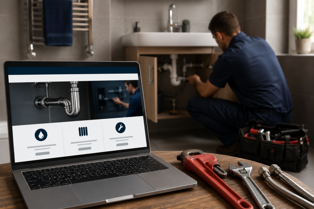 Plumber working beneath a bathroom sink while a plumbing business website is displayed on a laptop, illustrating how website performance and local SEO impact plumbing leads and customer enquiries.