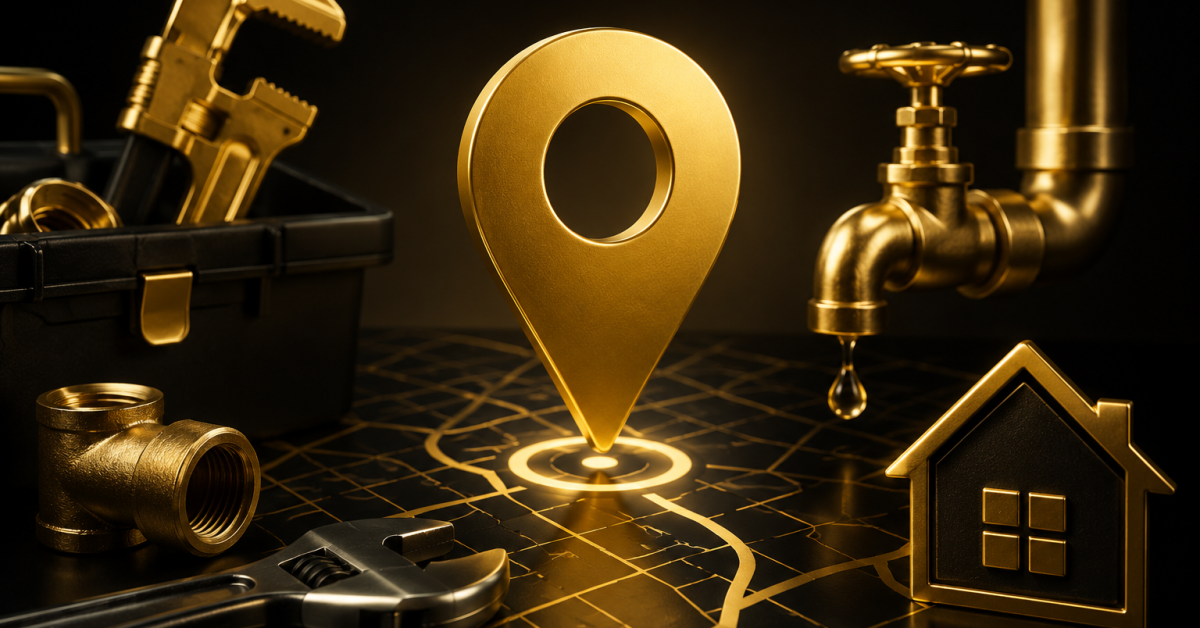 Local SEO concept for UK plumbing businesses with golden map pin, plumbing tools, pipes, and home services icons on a black and gold background, symbolizing Google Maps rankings and local search visibility.