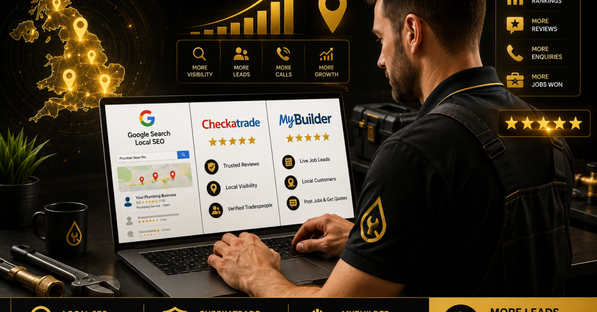 Professional plumber using a laptop to compare Local SEO, Checkatrade, and MyBuilder lead generation strategies for UK plumbing businesses, featuring Google Maps visibility, customer reviews, and online marketing growth in a black and gold themed workspace.