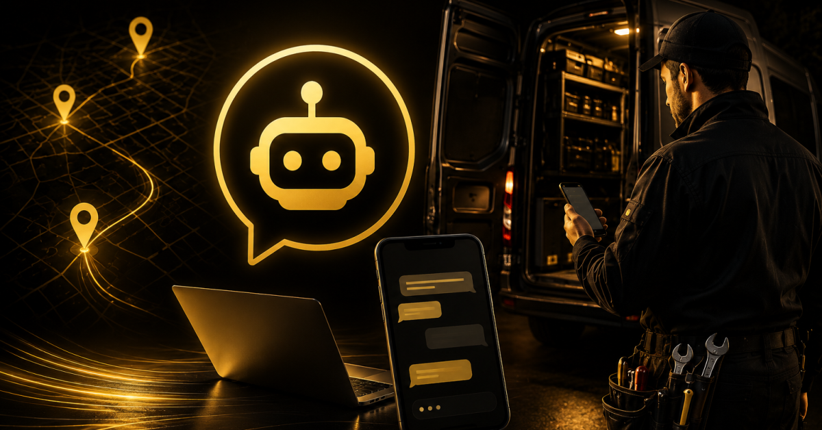 AI Chatbot for Plumbers featured image showing a plumber using an AI-powered website chatbot to capture plumbing leads 24/7, with a black and gold design, smartphone chat interface, and service van at night.