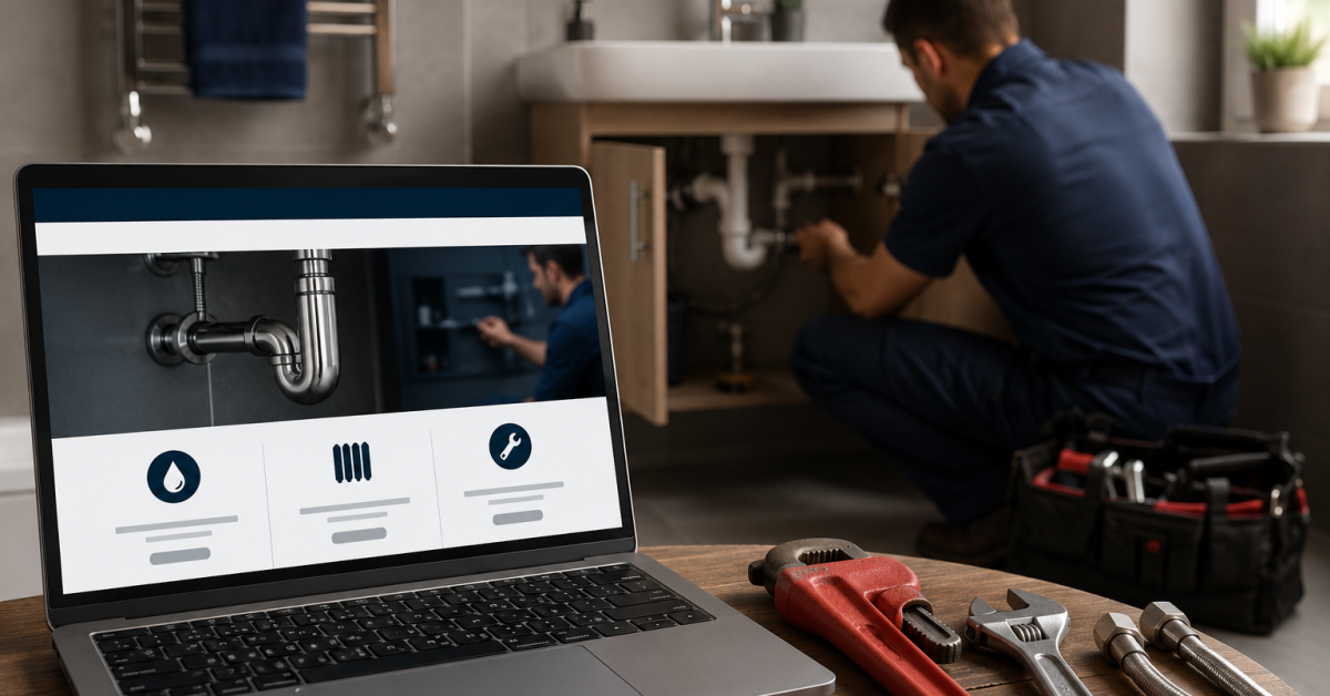 Plumber working beneath a bathroom sink while a plumbing business website is displayed on a laptop, illustrating how website performance and local SEO impact plumbing leads and customer enquiries.