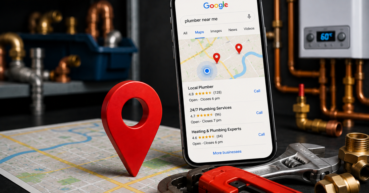 Xcel Rank graphic explaining why a plumbing business is not showing on Google Maps with local SEO and Google Business Profile optimisation tips.